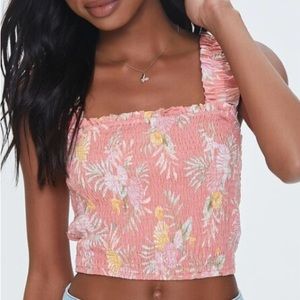 Forever 21 Tropical Leaf Smocked Crop Top